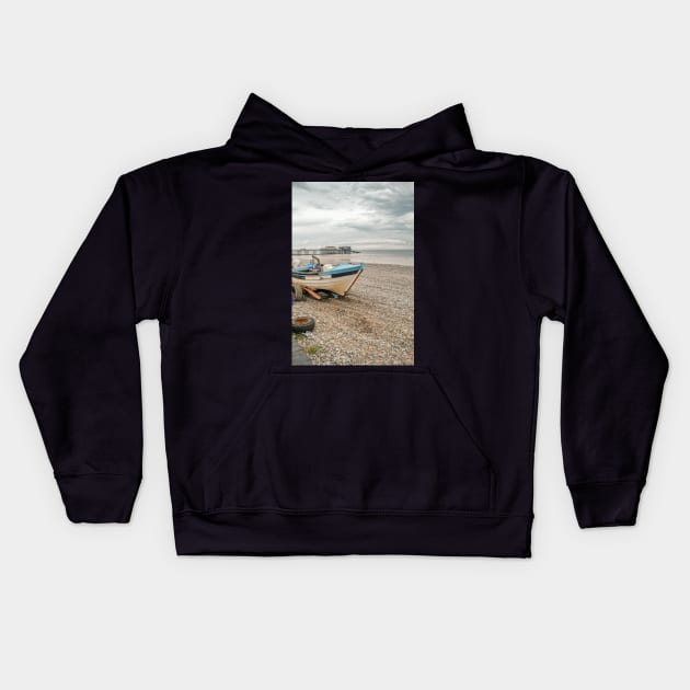 Traditional crab fishing boat on Cromer beach Kids Hoodie by yackers1